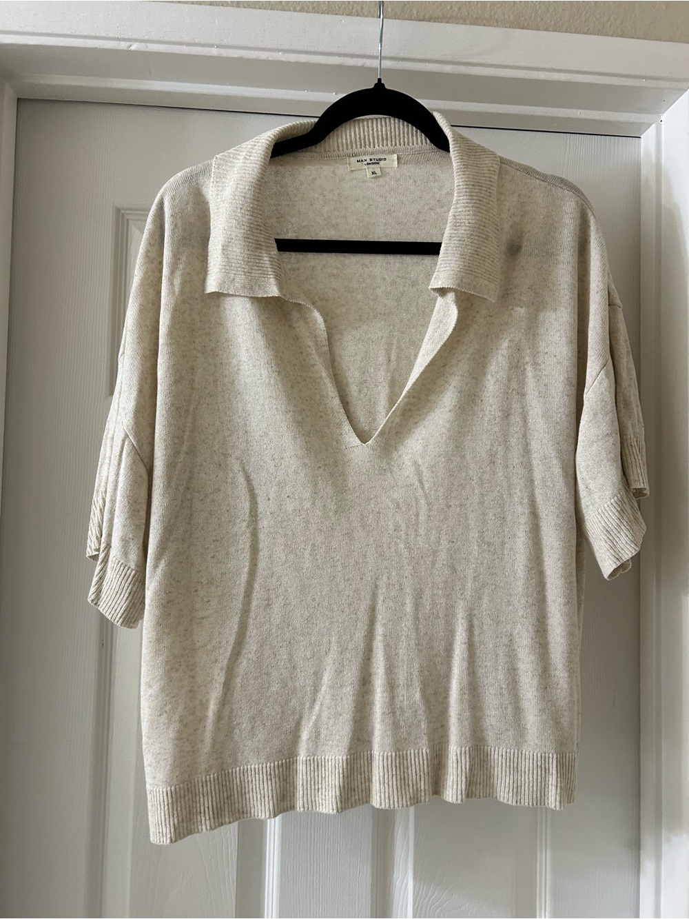 Max Studio Cream V-Neck Polo Knit Sweater
